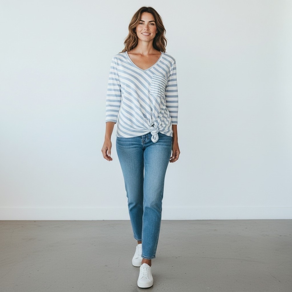 Sportelle Women L Slub Cotton Blend White Blue Stripe Pocket Vacation Tunic Top